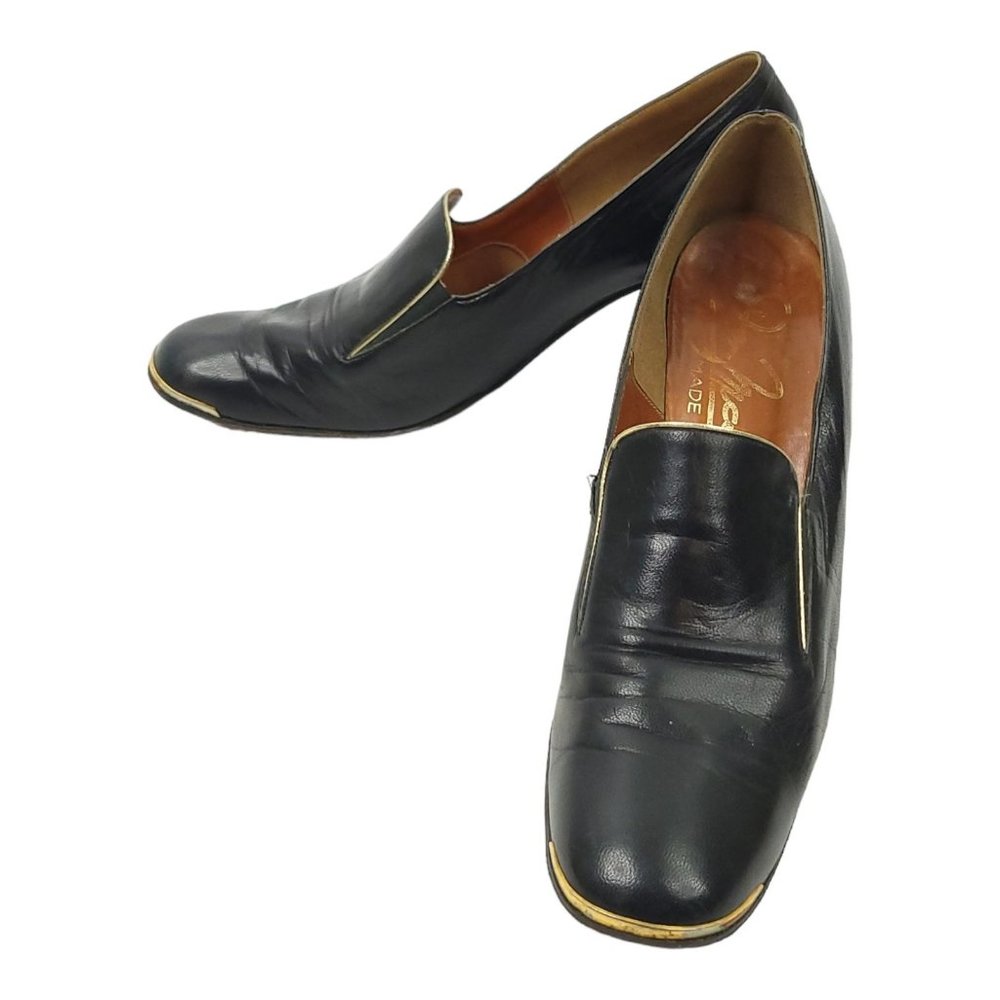 Don Manuel Black Leather Pumps Vintage Heels 7 N Metal Toe Heel Accents Spain